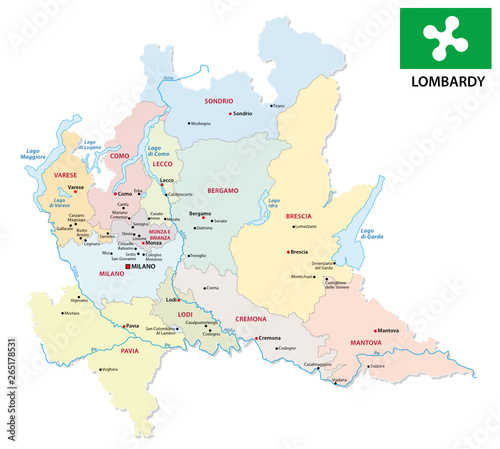 lombardy administrative and political map with flag