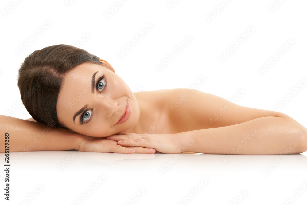 Beautiful woman face close up studio on white Beautiful woman face close up studio on white