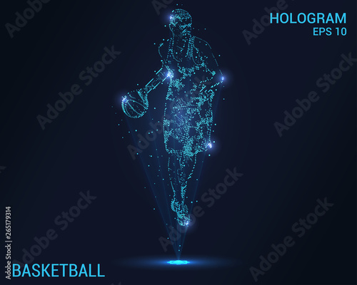 Hologram basketball. Holographic projection basketball player. Flickering energy flux of particles. The scientific design of basketball.