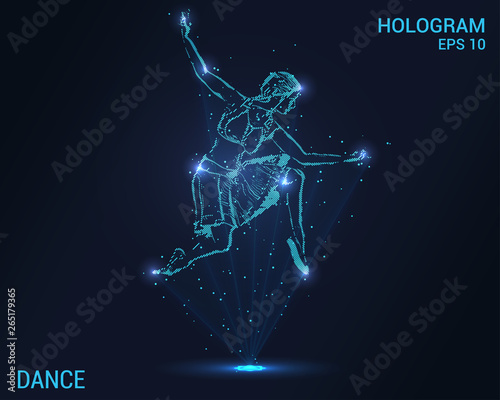 Hologram dance. Holographic projection of a ballerina. Flickering energy flux of particles. The scientific design of the dance.