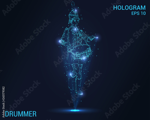 Hologram drummer. Holographic projection drummer of the school band. Flickering energy flux of particles. Scientific design drummer.