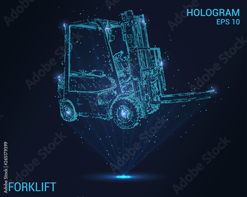 Hologram forklift. A holographic projection of a forklift. Flickering energy flux of particles. The scientific design of the logistics.