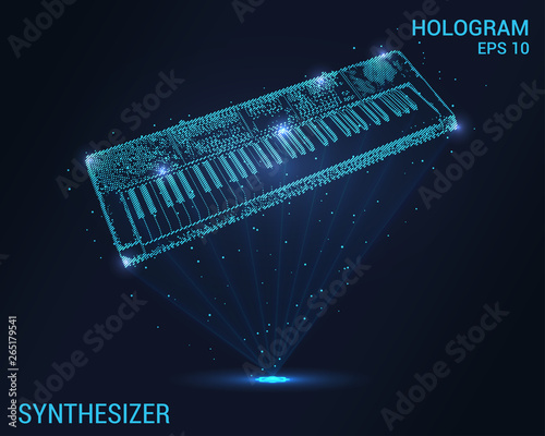 Hologram synthesizer. Holographic projection of the piano. Flickering energy flux of particles. Scientific design of the synthesizer.