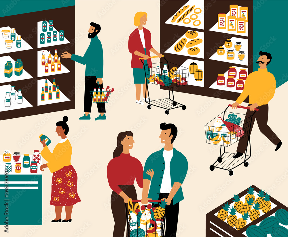 Men and women buying products at grocery store. Happy people with shopping  carts purchasing food at supermarket. Customers in retail shop. Flat cartoon  vector illustration. Stock Vector | Adobe Stock