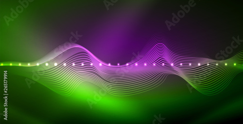 Glowing abstract wave on dark, shiny motion, magic space light. Techno abstract background