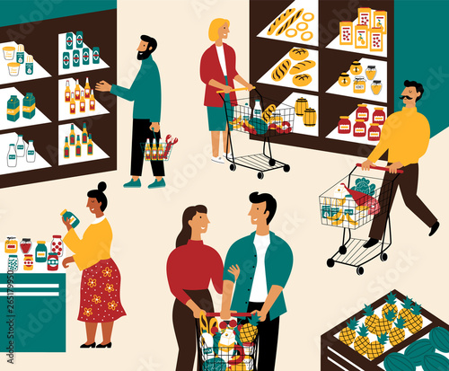 Men and women buying products at grocery store. Happy people with shopping carts purchasing food at supermarket. Customers in retail shop. Flat cartoon vector illustration.