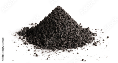 Pile of black soil, isolated on white background