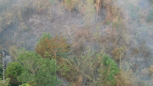 aerial view wildfire on the mountain with smoke in Thailand. Pan shot from left to right. 
