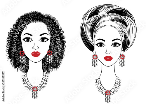 Collection.Profile the head of the sweet lady. African-American girl with a beautiful hairdo. The lady wears a turban, a national headdress. Set of vector illustrations