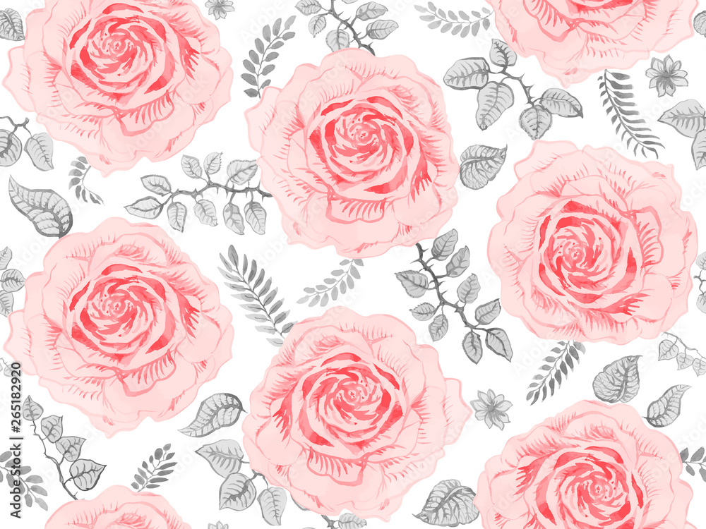 Seamless floral pattern of watercolor hand painted cute romantic bouquet  from pink rose flower and exotic garden foliage on light white background.  Batik wallpaper, wrapping paper, textile print Stock Vector | Adobe