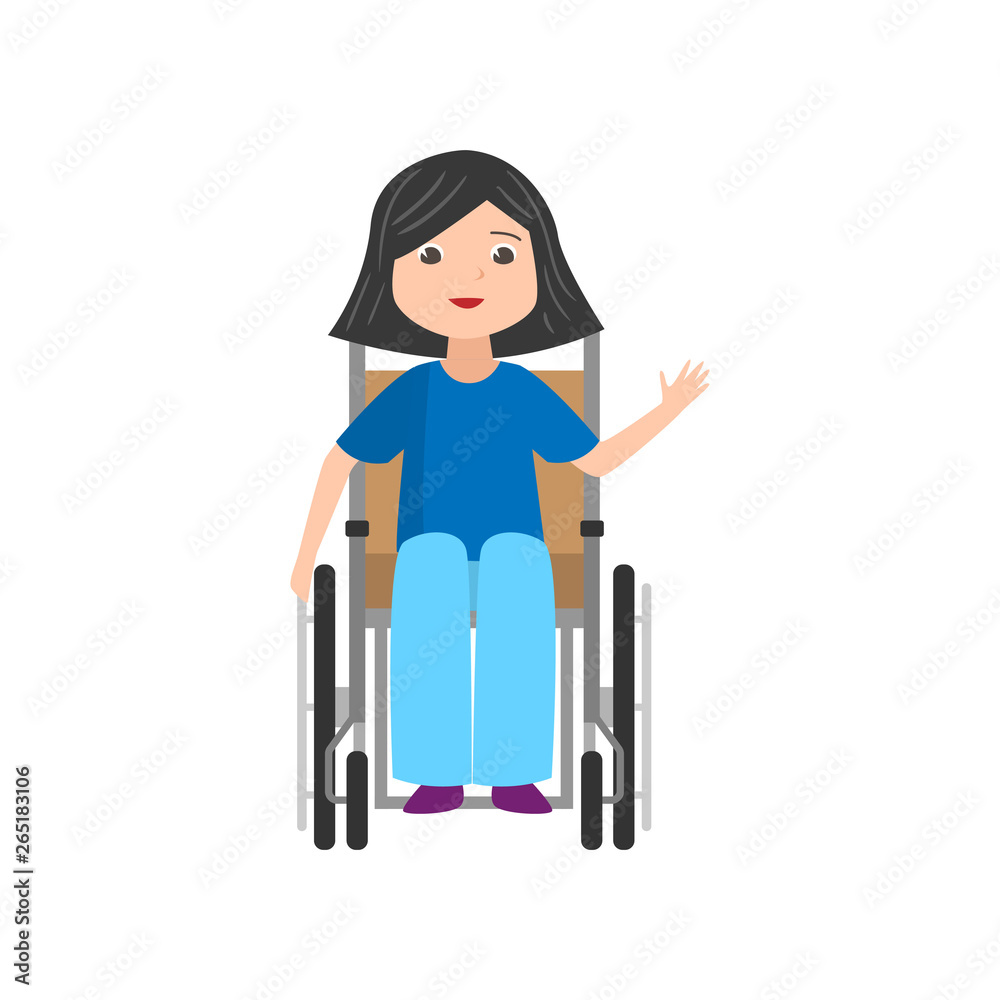 Cute smiling student girl in jeans stay in wheelchair Cute smiling student girl in jeans stay in wheelchair