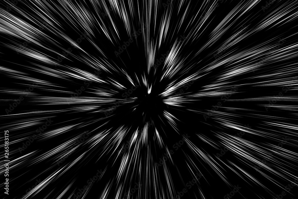 Obraz premium Bokeh white lines on black background, abstraction, abstract speed light motion blur texture, star particle or space traveling, black and white extrusion effect
