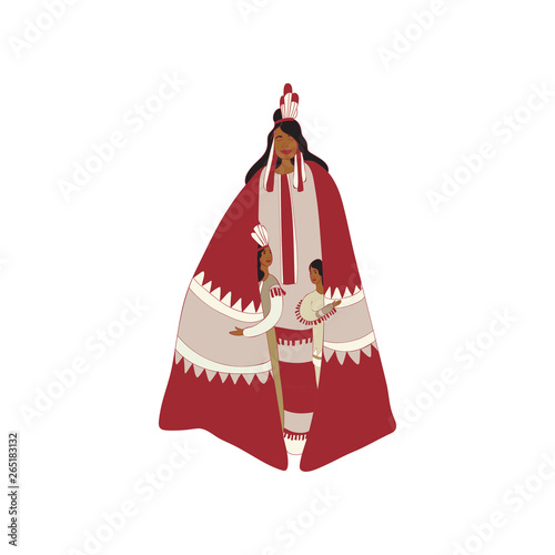 Mother red Indian cloak sheltering children. Vector illustration.