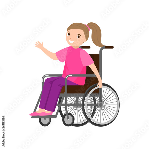Happy smiling girl with colorful clothes staying in wheelchair