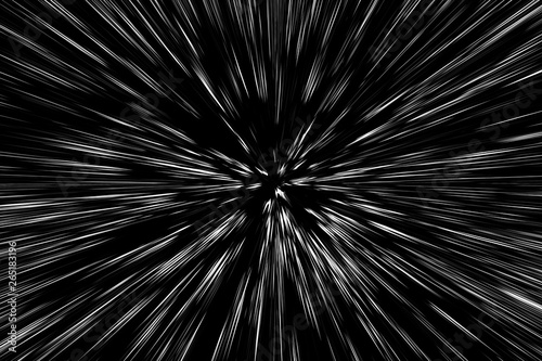 Bokeh white lines on black background, abstraction, abstract speed light motion blur texture, star particle or space traveling, black and white extrusion effect