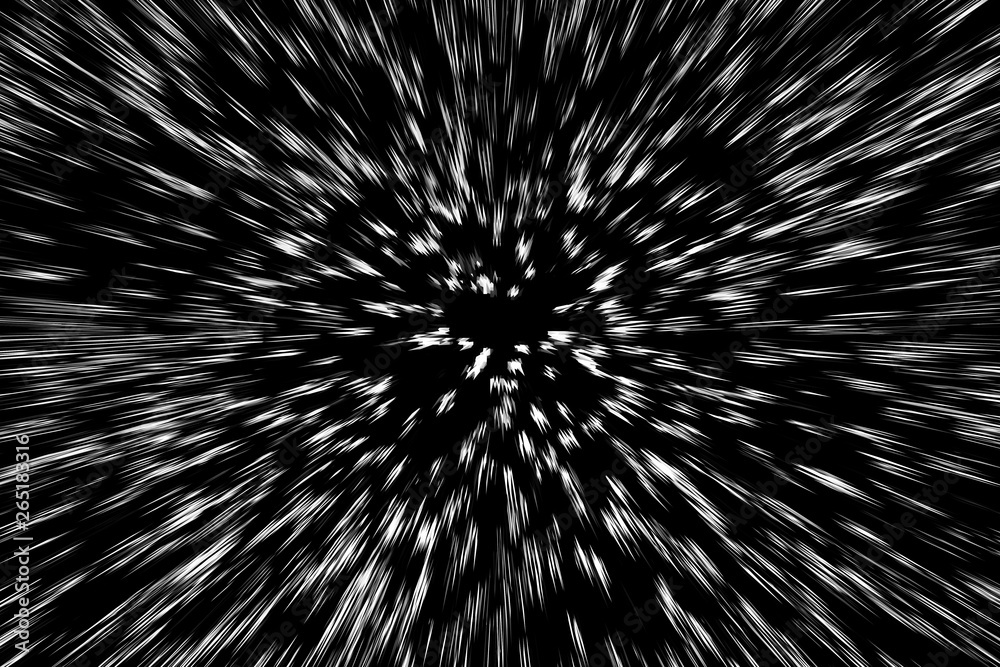Fototapeta premium Bokeh white lines on black background, abstraction, abstract speed light motion blur texture, star particle or space traveling, black and white extrusion effect