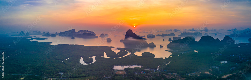 Naklejka premium View sunrise at Samed Nang Chee mountain view point of Phang Nga Bay highlight of Phang Nga Province Thailand