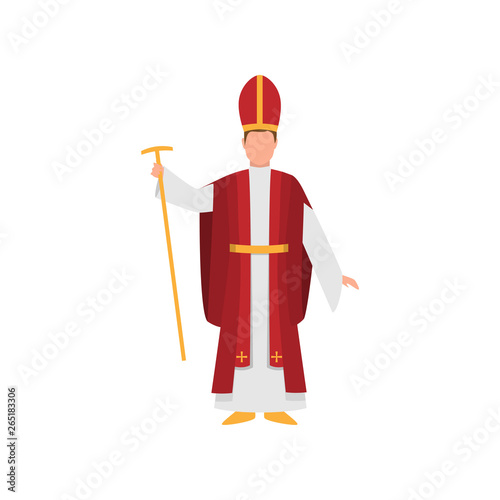 Priest papal majordomo in red clothes with gold scepter