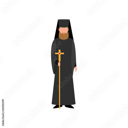 Christian pope priest in black clothes and gold cross scepter