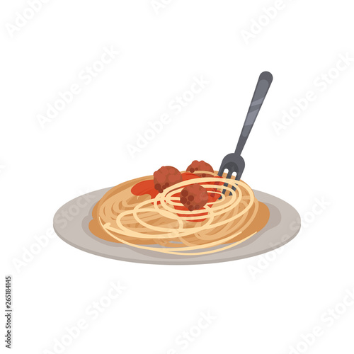 Pasta with meatballs on a plate. Vector illustration.