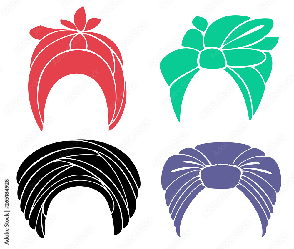 Fototapeta premium Collection. Traditional national headdress, turban. Knitted scarf. Logo, symbol, diagram. Graphic image. Vector illustration set