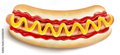 Delicious hot dog with ketchup and mustard, isolated on white background
