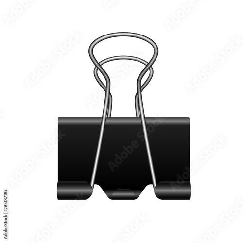 Black metal binder clip on white background