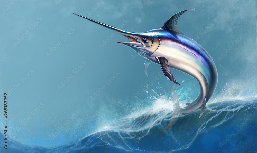 Swordfish against ocean waves background. Marlin jumps out of the water
