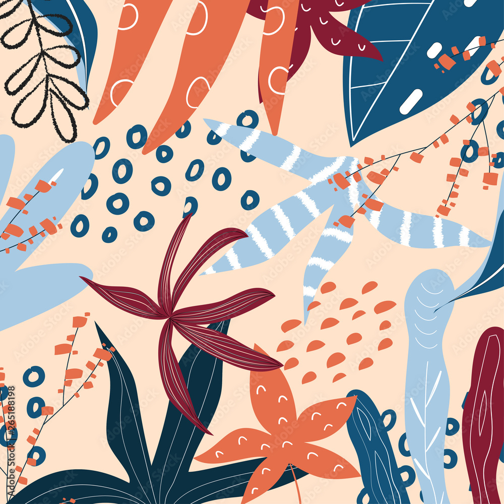 Tropical background with colorful leaves and abstraction. Vector design. Flat jungle print.