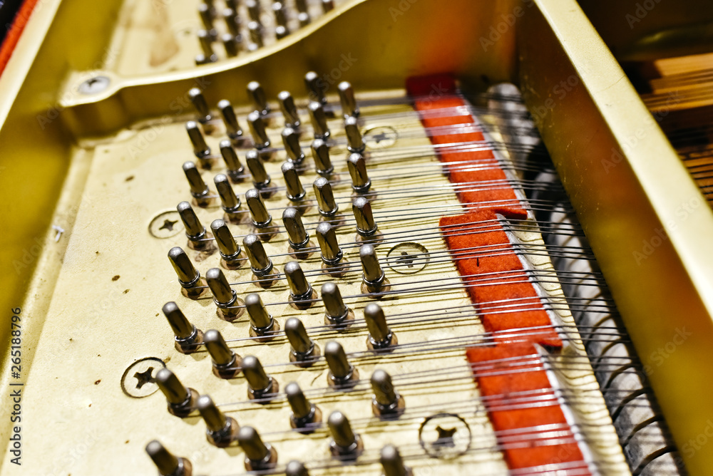 Detail of the interior of a piano with the soundboard, strings and pins. Detail of the interior of a piano with the soundboard, strings and pins.