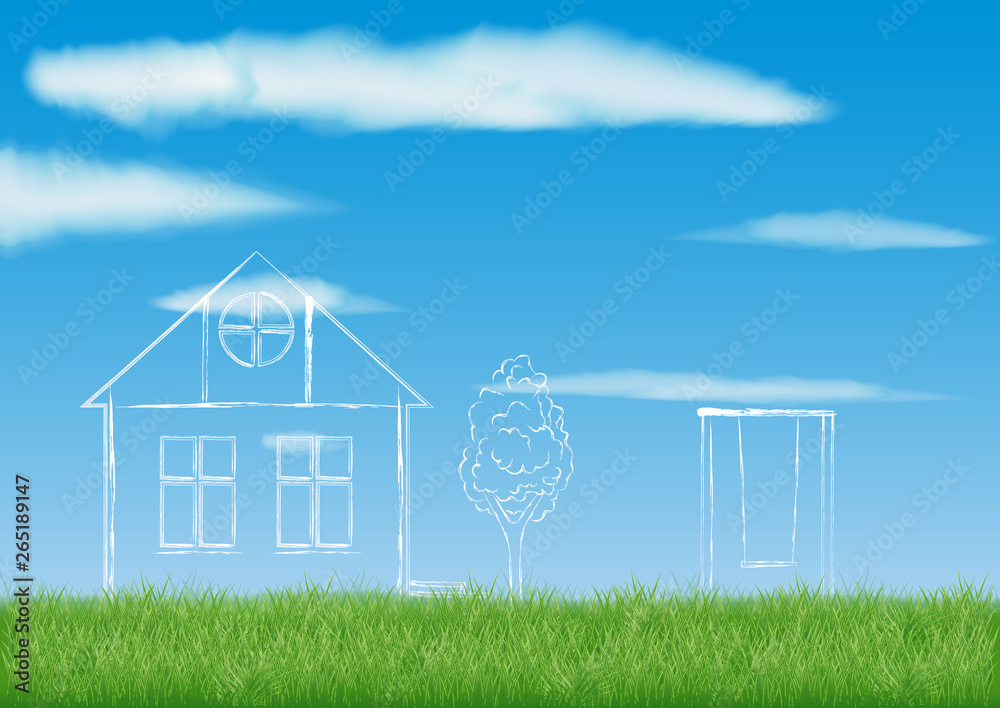 sketch of a country house with Windows, near a tree and a swing. project on the field against the blue sky and clouds sketch of a country house with Windows, near a tree and a swing. project on the field against the blue sky and clouds