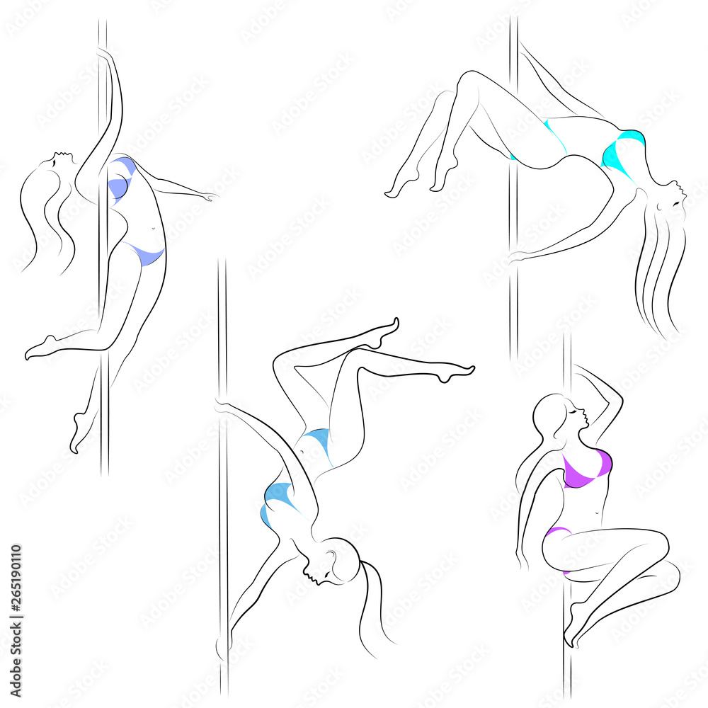 Collection. Silhouette of a sweet lady, she dances on a pylon. The girl has a beautiful figure in a bikini. The woman is young and slim. Vector illustration set Collection. Silhouette of a sweet lady, she dances on a pylon. The girl has a beautiful figure in a bikini. The woman is young and slim. Vector illustration set