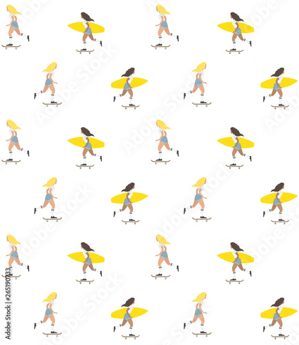 Vector seamless pattern of flat cartoon skater girl isolated on white background 
