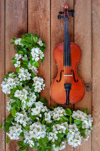 Old violin and blossoming apple tree branches. Top view, close-up on vintage wooden background