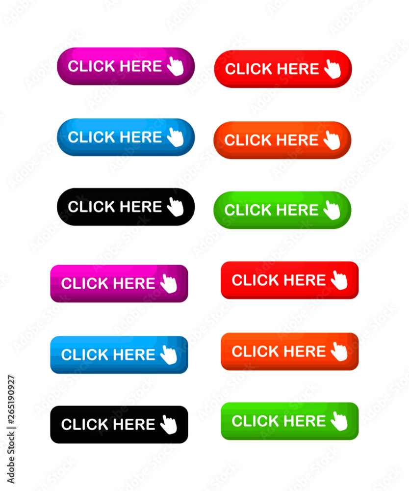 Click Here colorful button set. icons web Isolated on white background. Vector Illustration.