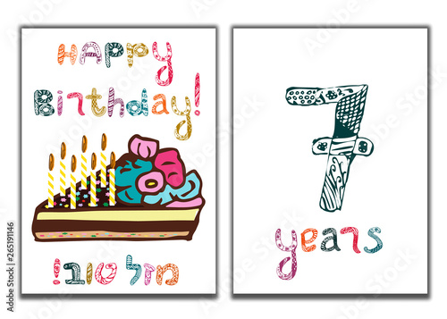 The inscription of Happy Birthday. Mazl Tov in Hebrew in translation I wish you happiness. A piece of cake with candles. Children greeting card for 7 years. Doodle, hand draw. Vector illustration.