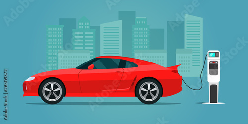 Fototapeta Naklejka Na Ścianę i Meble -  Red electric sportcar isolated. Electric car is charging, side view. Vector flat style illustration.