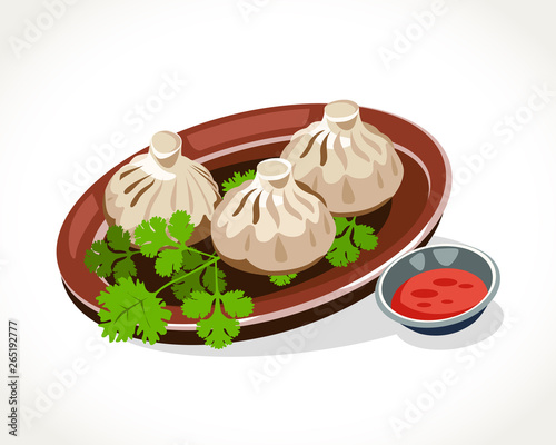 Khinkali traditional georgian dish on the plate with parsley vector illustration