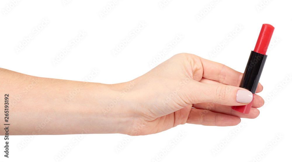 Hand with red balm lipstick, lips care and beauty