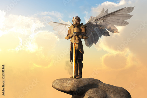 Canvas Print An archangel in golden armor, with sword in hand, and white feather wings spread stand atop a stone pedestal