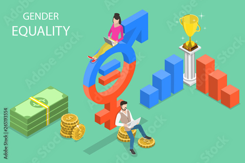 Isometric flat vector concept of gender equality, male and female equal rights and opportunities.