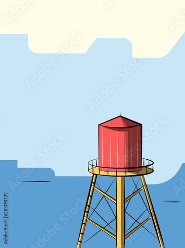 One red water tower on blue background