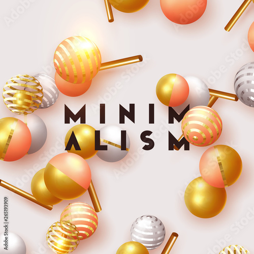 Objects 3d shape gold and silver ball, volumetric round spheres white and pink.