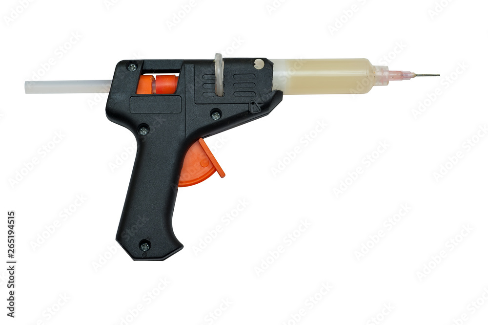 homemade gun for flux gel made of glue gun isolated on white background homemade gun for flux gel made of glue gun isolated on white background