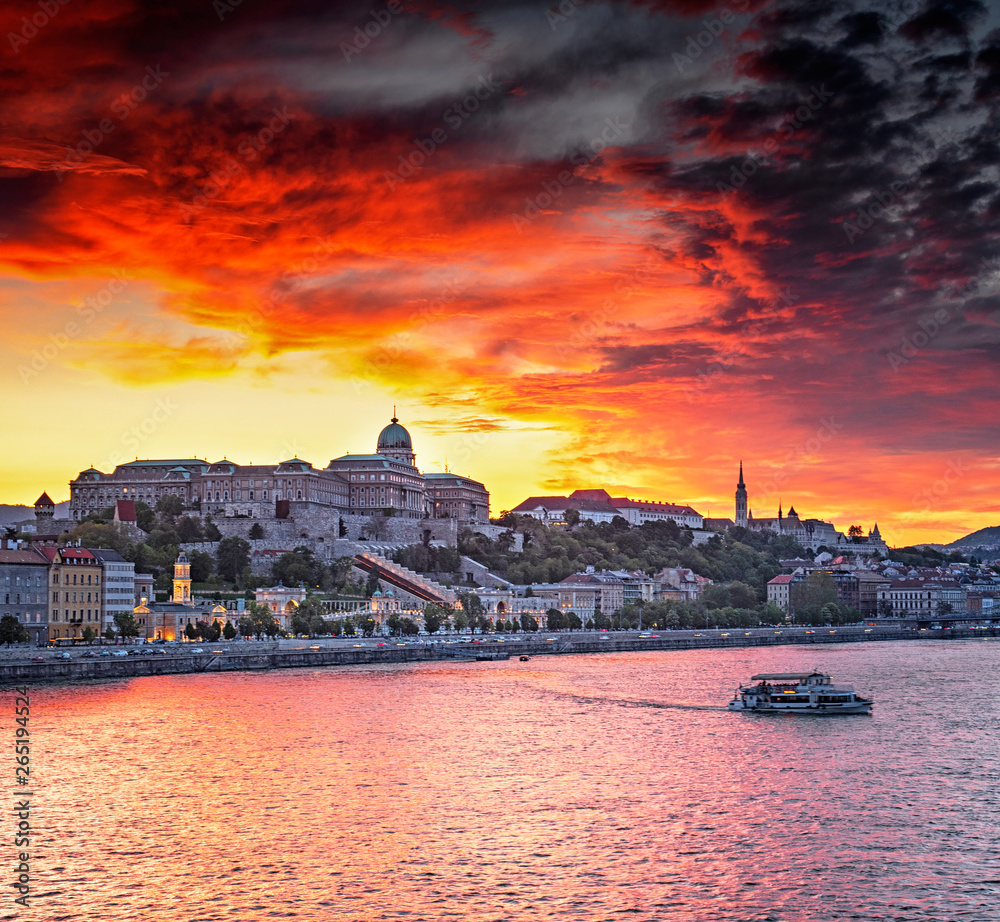Colorful sunset over the Royal Castle in Budapest, Hungary