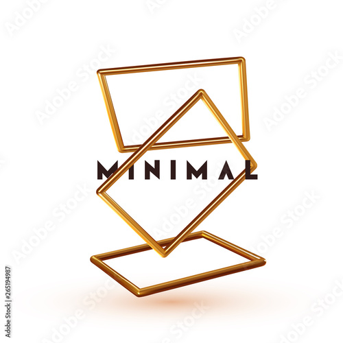 Vector Objects 3d shape. Minimal Abstract background with golden elements square frame levitation in space.