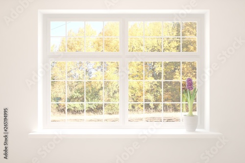 Empty window with autumn landscape in window. 3D illustration