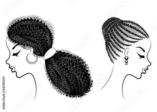 Collection. Profile of a head of sweet ladies. African American girls show hairstyles for long and medium hair. Silhouettes of women are beautiful and stylish. Vector illustration set