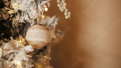 New Year s toys on a Christmas tree.Christmas background for postcard.Soft focus. Retro style. Copy space