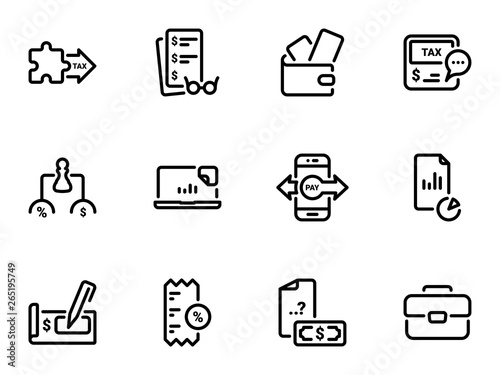 Set of black vector icons, isolated against white background. Illustration on a theme Tax Instruments and Payments